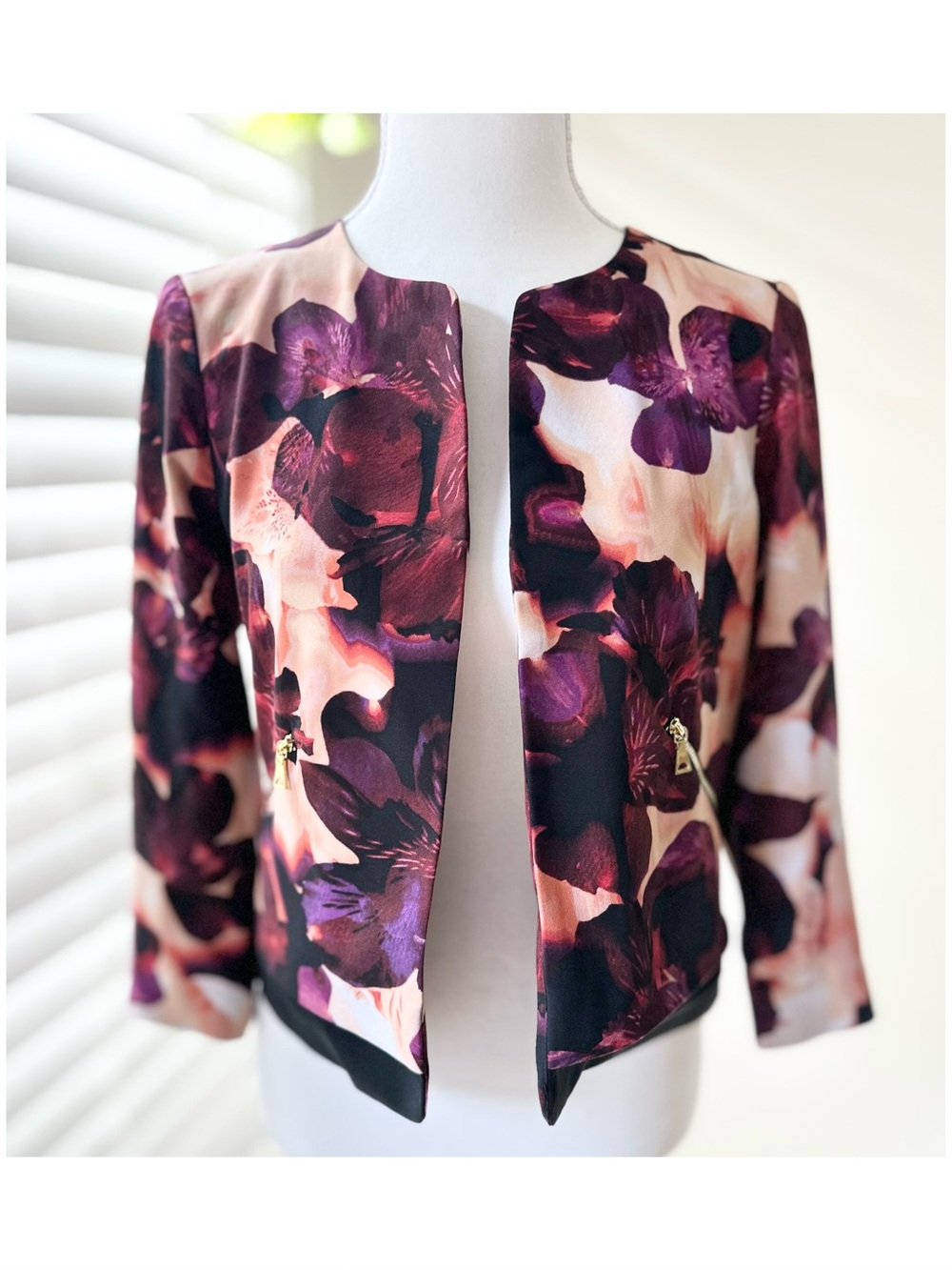 Guess Floral Open-Front Jacket in Plum and Blush